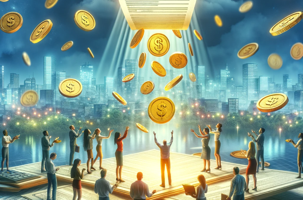 DALL·E 2023-12-30 19.01.03 - A conceptual digital artwork depicting the idea of a tax credit. The image should illustrate an abstract financial landscape, where individuals of var