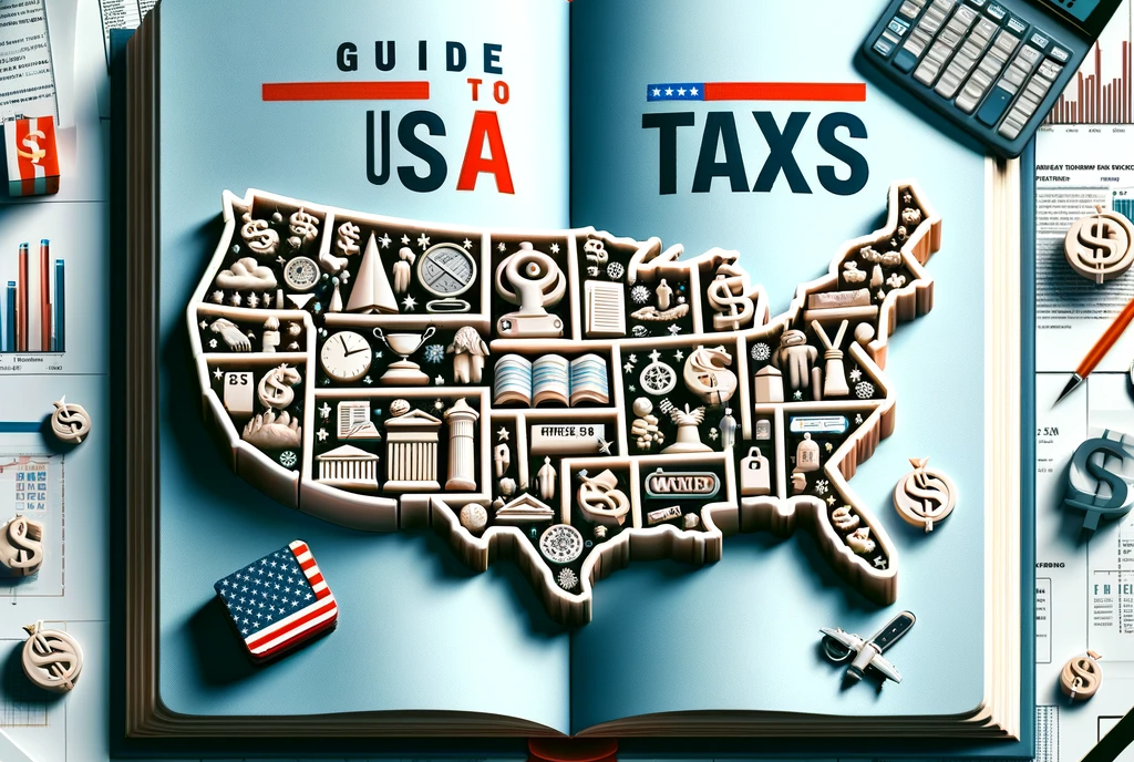 DALL·E 2023-12-30 19.05.37 - A digital artwork visualizing a guide to taxes in the USA. The image should depict an open book with pages shaped like the United States map, filled w
