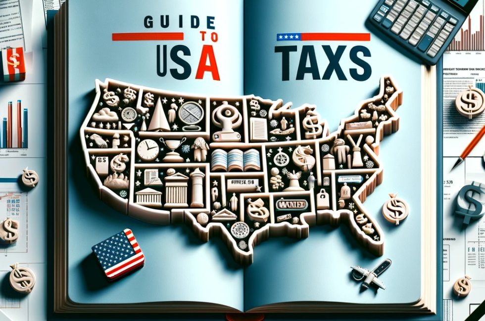 DALL·E 2023-12-30 19.05.37 - A digital artwork visualizing a guide to taxes in the USA. The image should depict an open book with pages shaped like the United States map, filled w