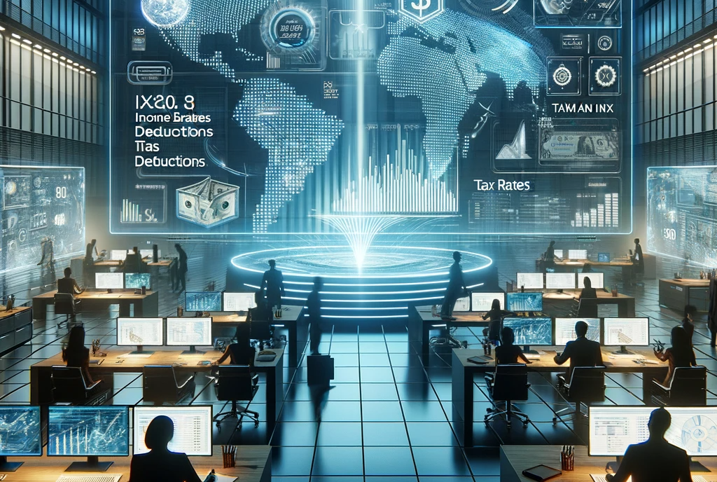 DALL·E 2023-12-30 19.23.40 - A futuristic digital artwork depicting the theme of taxes in the year 2024. The scene should illustrate a high-tech tax environment with advanced tech