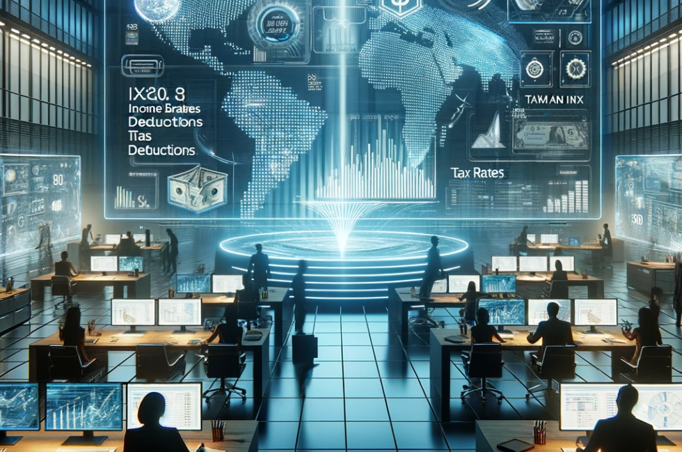 DALL·E 2023-12-30 19.23.40 - A futuristic digital artwork depicting the theme of taxes in the year 2024. The scene should illustrate a high-tech tax environment with advanced tech