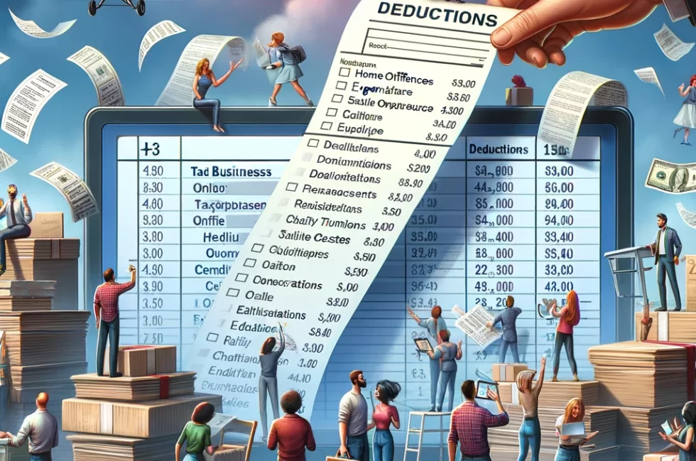 DALL·E 2024-02-17 14.36.10 - Create an imaginative and detailed illustration that visualizes the concept of tax deductions. The scene should include a diverse group of taxpayers,